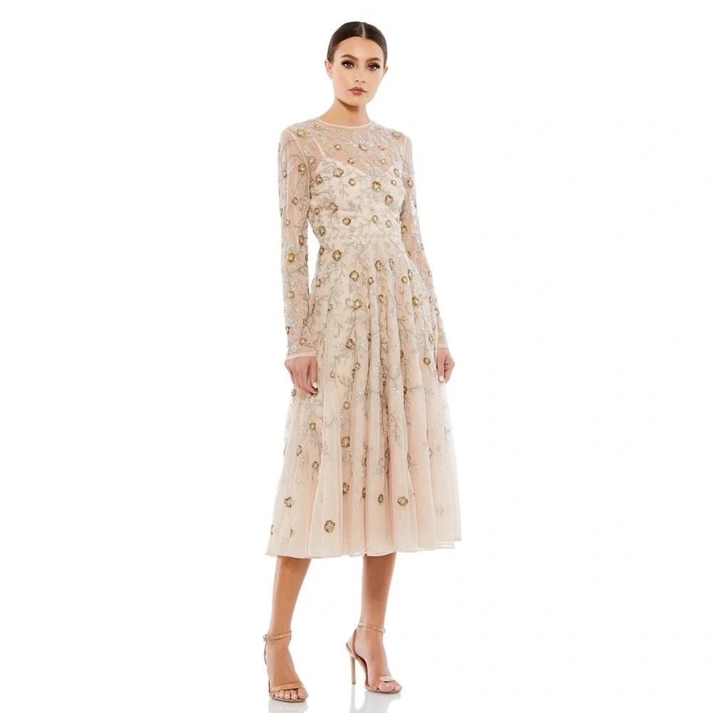 Mac Duggal 10799 Floral Embroidered Sequin Tulle Midi Dress Nude Gold Size‎ 4
